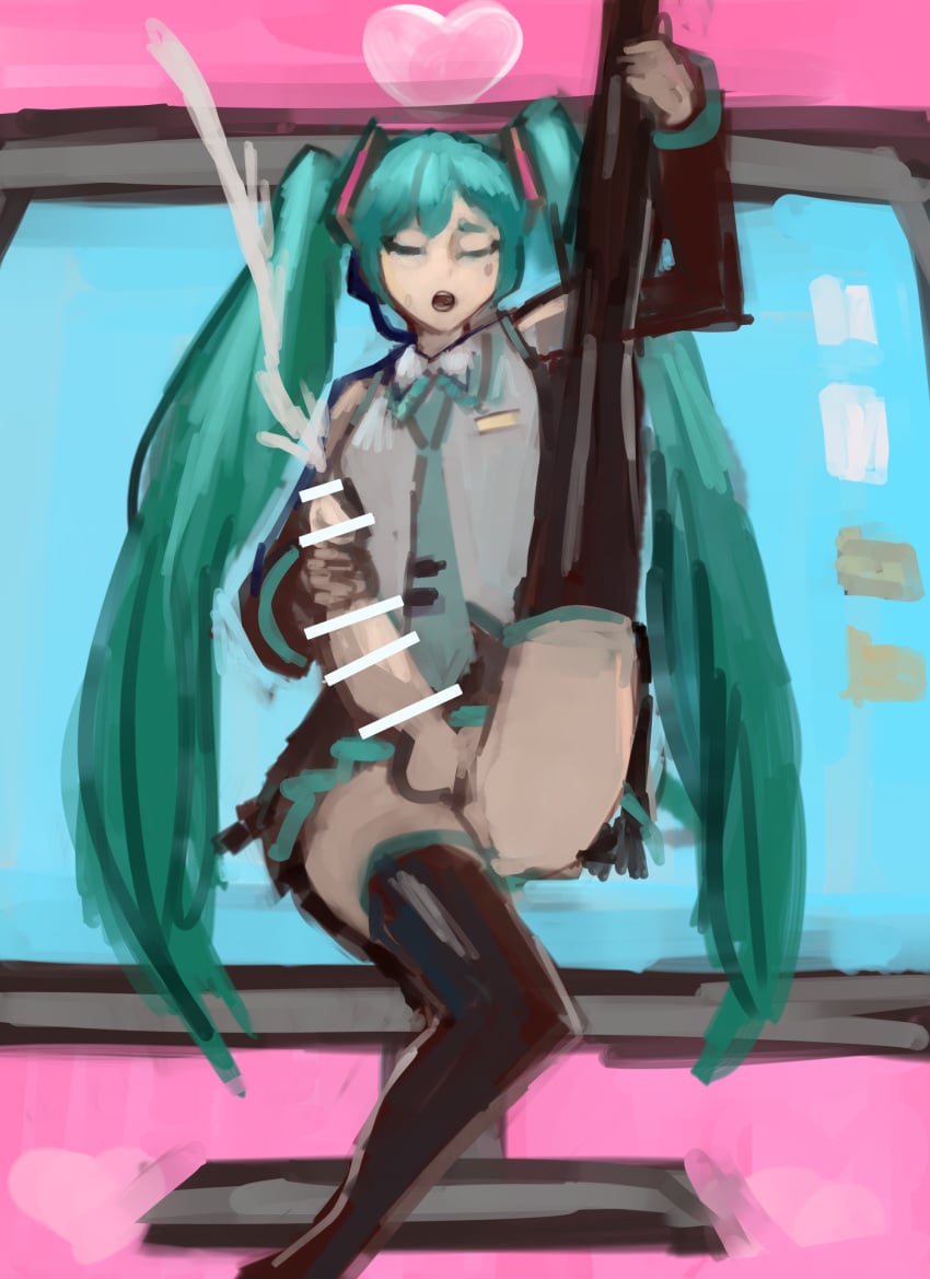 1futa balls big_penis blue_hair censored closed_eyes computer_monitor cum detached_sleeves ejaculation futa_only futanari futanari_masturbation hatsune_miku headset kmaro leg_up long_hair masturbation penis shirt skirt sweat thighhighs twintails vocaloid