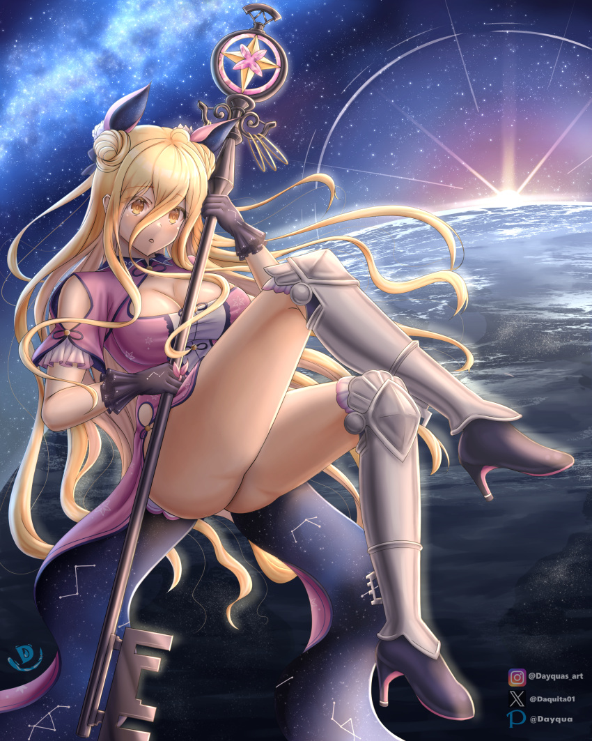 1girls 2d 2d_(artwork) ass blonde_hair breasts cleavage date_a_live dayqua earth hoshimiya_mukuro light-skinned_female long_hair solo solo_female space thighs