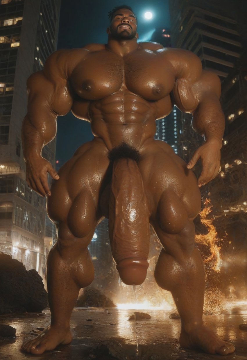 african_american african_male ai_generated beard black_male city_crushing city_destruction cityscape destruction facial_hair gay gay_domination gay_male giant giant_cock giant_male giant_penis goatee growth growth_(enlargement) hyper_muscles hyper_penis male male_focus male_only manly massive_cock massive_pecs massive_penis moustache muscle_growth nighttime pecs pectorals precum precum_drip precum_on_ground precum_string precum_trail