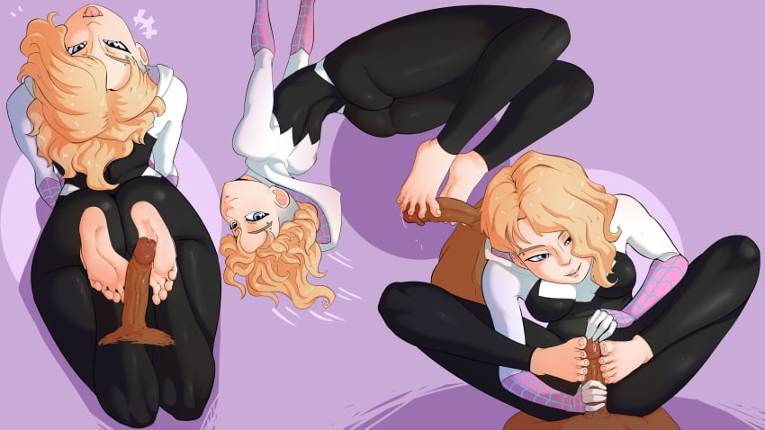 1boy 1girls 2d 2d_(artwork) bard-bot blonde_hair bubble_butt cheeky_smile color costume curvy_female dark-skinned_male dark_skin feet_on_penis female footjob gwen_stacy gwen_stacy_(spider-verse) illustration light-skinned_female light_skin male marvel miles_morales multiple_positions penis spider-gwen spider-man:_across_the_spider-verse spider-man:_into_the_spider-verse spider-man_(series) superhero superhero_costume superheroine tongue_out two_tone_hair