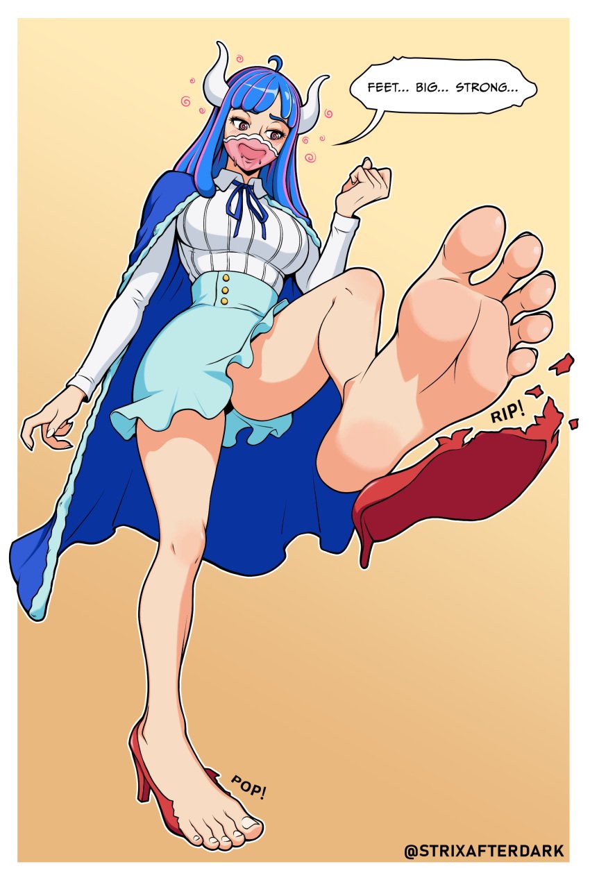 artist_name balloon blue_hair cape destroyed_clothing drooling english_text feet female female_only foot_expansion foot_focus footwear high_heels highres looking_away mouth_mask naughty_face one_piece shoes simple_background skirt strixafterdark text torn_clothes ulti_(one_piece)