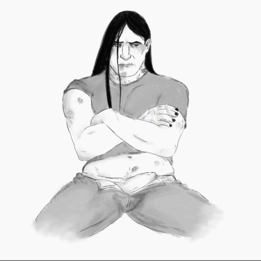 1boy bangs_over_one_eye bite_mark bite_marks black_hair black_nails bulge_through_clothing dethklok hands_crossed kiss_mark long_hair_male looking_away male male_only metalocalypse muscular nails nathan_explosion painted_nails sitting solo solo_focus solo_male white_background