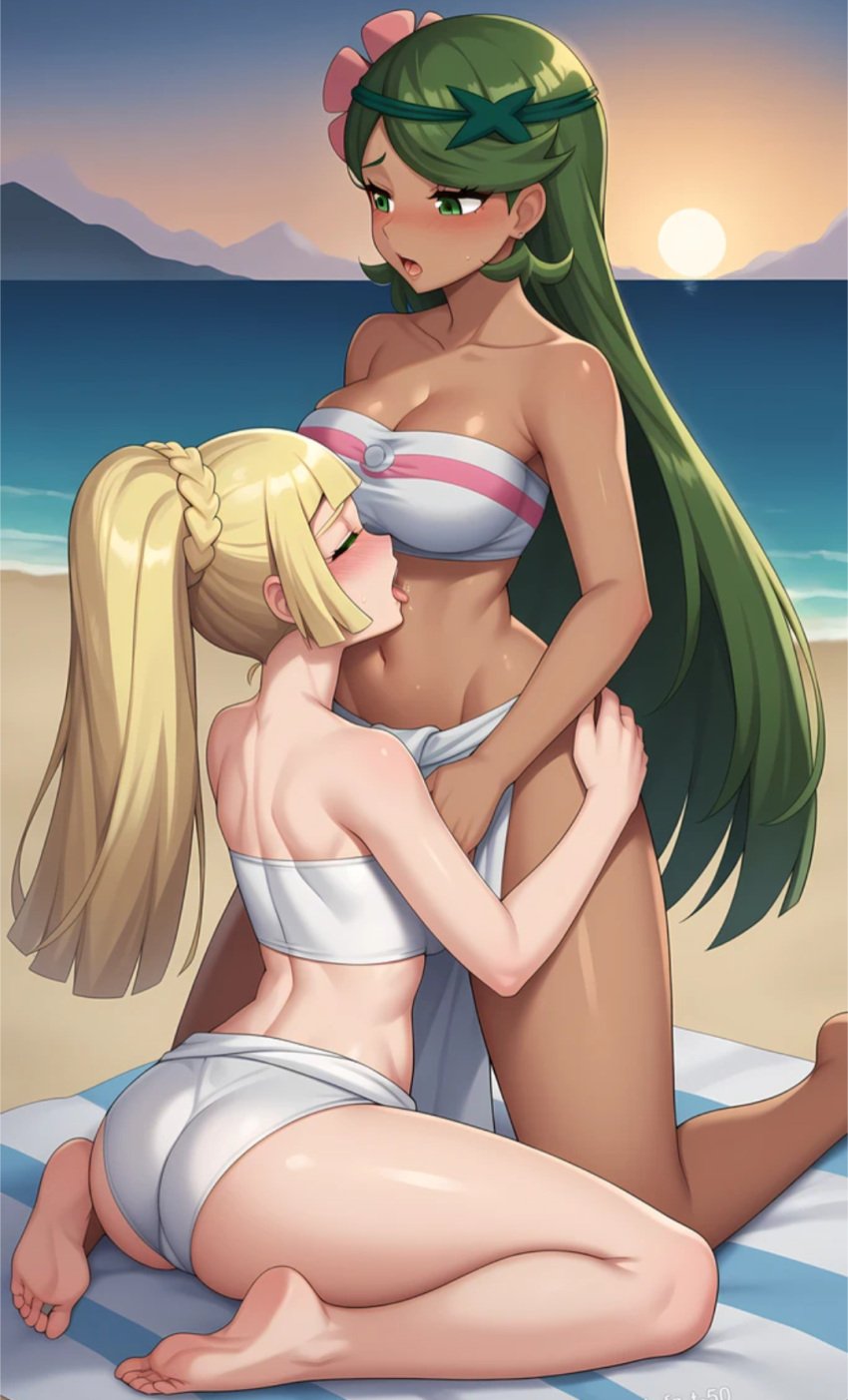 2girls aged_up ai_generated ass beach blonde_hair blush cleavage closed_eyes female female_only green_eyes green_hair half_naked human large_ass large_breasts licking lillie_(pokemon) mallow_(pokemon) multiple_girls outdoors pokemon yuri