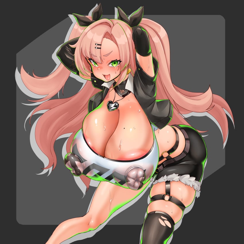 1girls arms_behind_head big_breasts big_nipples boob_window breasts cleavage erect_nipples green_eyes long_hair looking_at_viewer nipple_bulge nipples nipples_visible_through_clothing no_bra pink_hair thighhighs thighs zabutonnexactly zenless_zone_zero