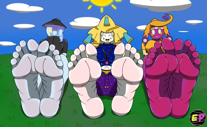 3girls akari_(electroprim) barefoot big_breasts big_feet electroprim feet feet_focus foot_fetish girl happy happy_face jirachi lampent multiple_girls mythical_pokemon oc original_character original_characters pecharunt pokemon pokemon_(species) sofia_(electroprim) stella_(electroprim)