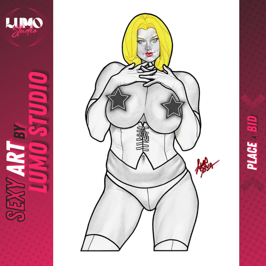 blonde_female blonde_hair blue_eyes breasts breasts_out censored censored_breasts corset emma_frost hellfire_club huge_breasts lucas_silva lumo_studio marvel marvel_comics panties pinup topless topless_female white_queen x-men