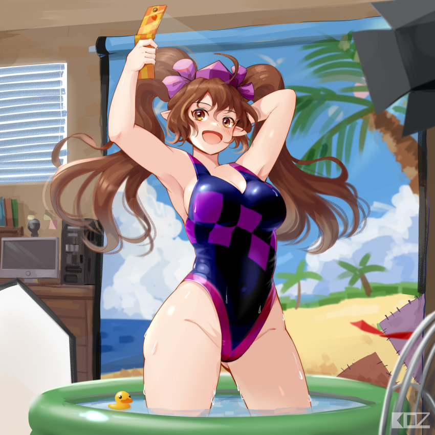 absurdres armpits breasts brown_eyes brown_hair edz_drawz female hand_up hat hatate_himekaidou highres holding holding_phone indoors one-piece_swimsuit open_mouth phone pointy_ears purple_hat selfie smile solo swimsuit tokin_hat touhou twintails