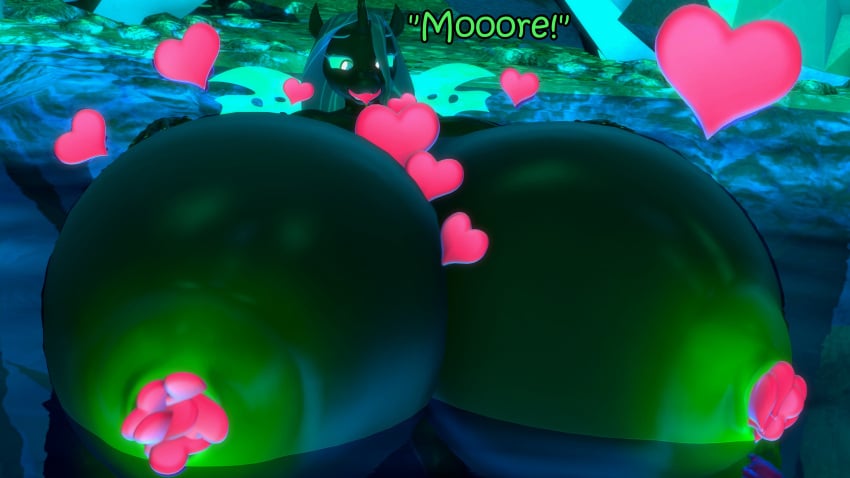 3d big_breasts black_body blue_hair breast_expansion breasts breasts_bigger_than_body changeling_feeding coriponer crystal_cave dialogue eating expansion gigantic_breasts glowing_eyes glowing_nipples glowing_wings green_areola green_text growth heart huge_breasts hyper_breasts massive_breasts queen_chrysalis_(mlp) solo vulva wide_hips