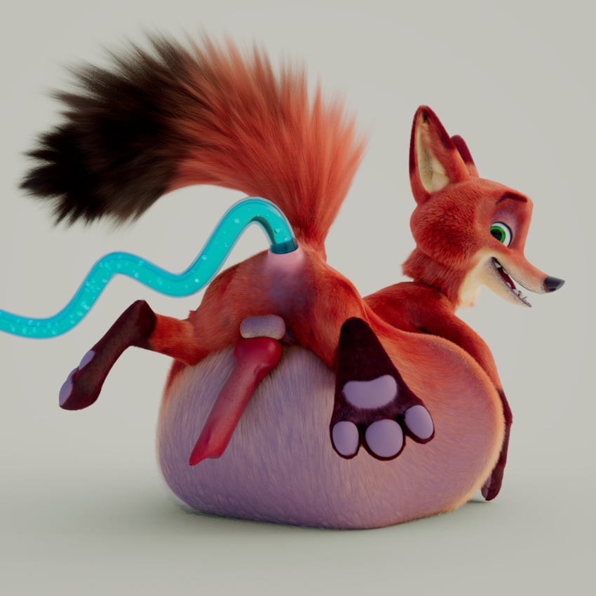 1:1 3d anal anal_sex anal_tugging animal_genitalia animal_penis anus balls canid canine canine_penis disney fox hi_res hyper hyper_inflation inflation male male_only mammal nick_wilde pawpads paws penetration penis scimunk water_inflation zootopia