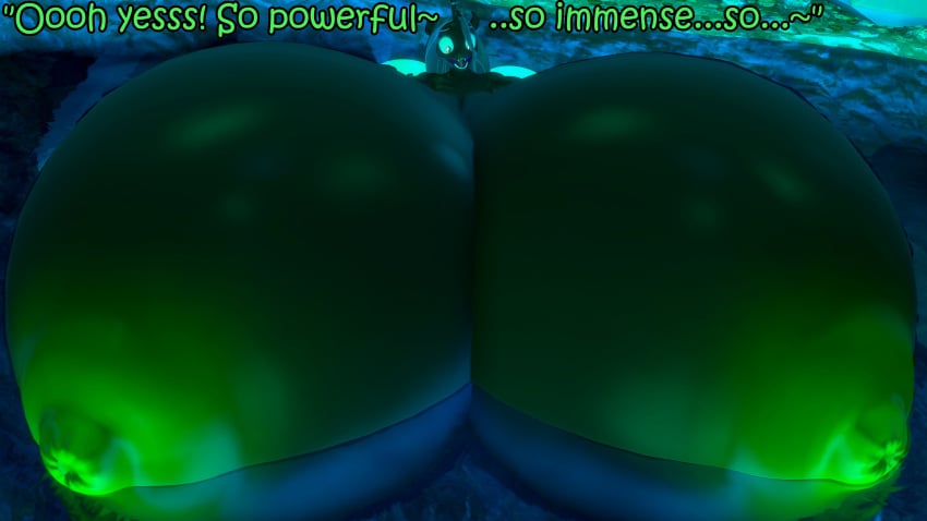 3d big_breasts black_body blue_hair breast_expansion breast_shock breasts breasts_bigger_than_body breasts_bigger_than_head breasts_bigger_than_torso changeling_feeding coriponer crystal_cave dialogue expansion gigantic_breasts glowing_eyes glowing_nipples glowing_wings green_areola green_text growth heart hyper_breasts massive_breasts queen_chrysalis_(mlp) solo surprised_expression vulva wide_hips