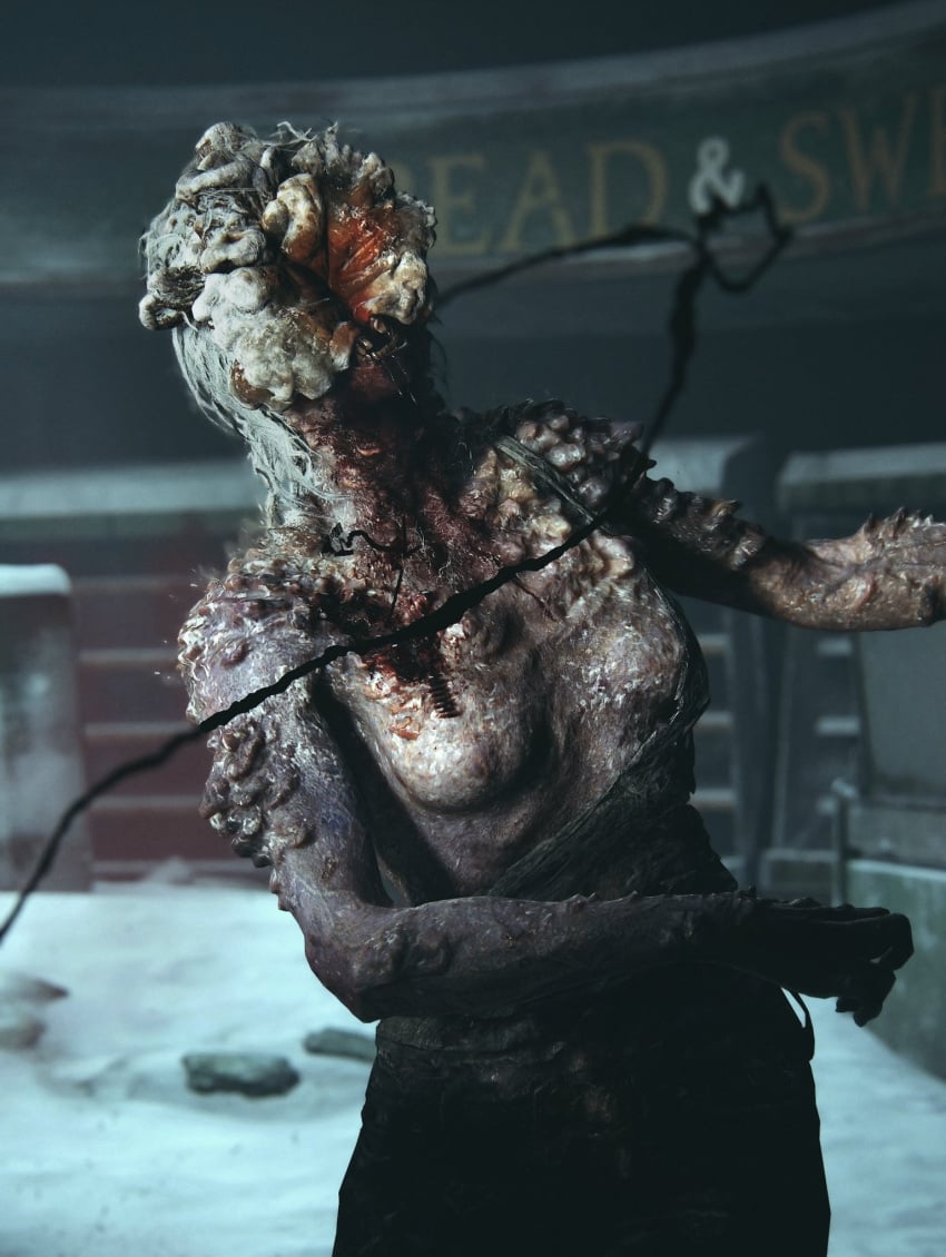 3d blood breasts clicker clicker_(tlou) clothed clothing eyeless female female_only fungus hair infected monster nightmare_waifu nipples open_mouth partially_clothed screencap snow solo teeth the_last_of_us the_last_of_us_2 tongue white_hair zombie