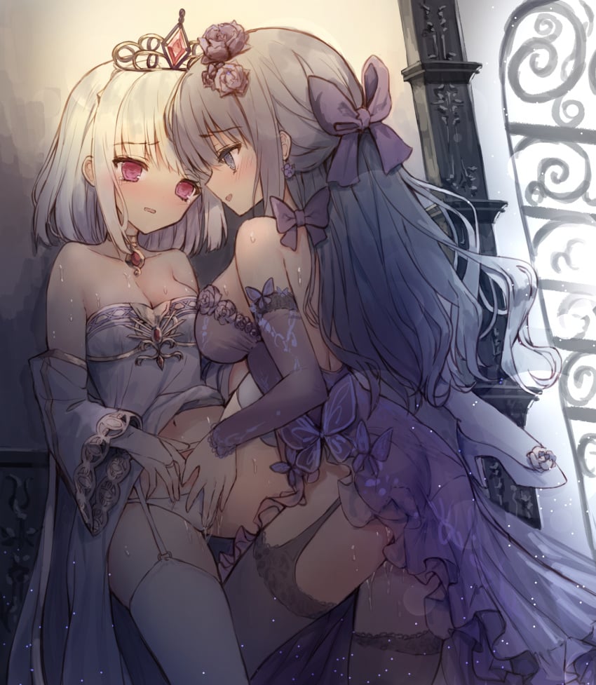 2girls big_breasts black_hair blue_eyes breasts fingering leg_up long_hair multiple_girls open_mouth panties pussy_juice red_eyes royalty short_hair skirt_lift smile tandohark thighhighs transparent_clothing underwear white_hair yuri