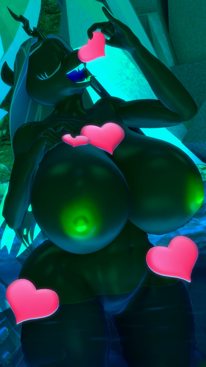 3d big_breasts black_body blue_hair breast_expansion breasts changeling_feeding coriponer crystal_cave eating expansion glowing_eyes glowing_mouth glowing_nipples glowing_wings green_areola growth heart huge_breasts hyper_breasts queen_chrysalis_(mlp) solo vulva wide_hips