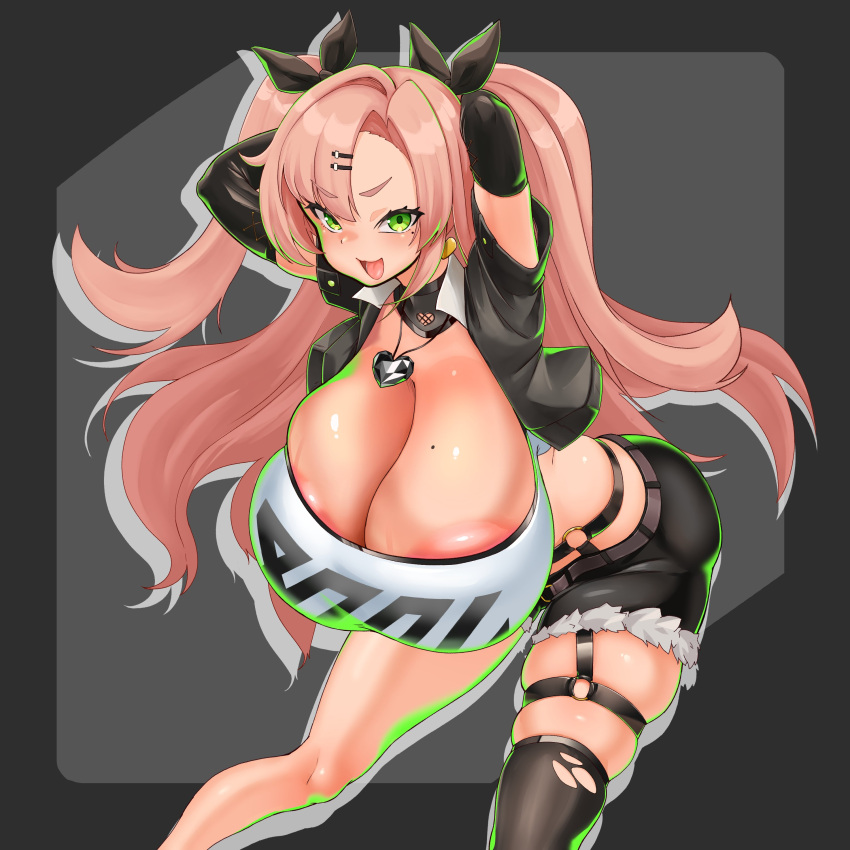 1girls arms_behind_head big_breasts boob_window breasts cleavage green_eyes long_hair looking_at_viewer pink_hair thighhighs thighs zabutonnexactly