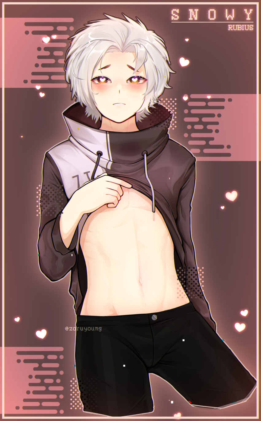 1boy abs artist_name elrubius heart heart-shaped_pupils looking_at_viewer male male_only safe sfw shirt_lift snowy_(rubius_vt) suggestive twink virtual_youtuber vtuber watermark youtube youtube_hispanic youtuber_boy