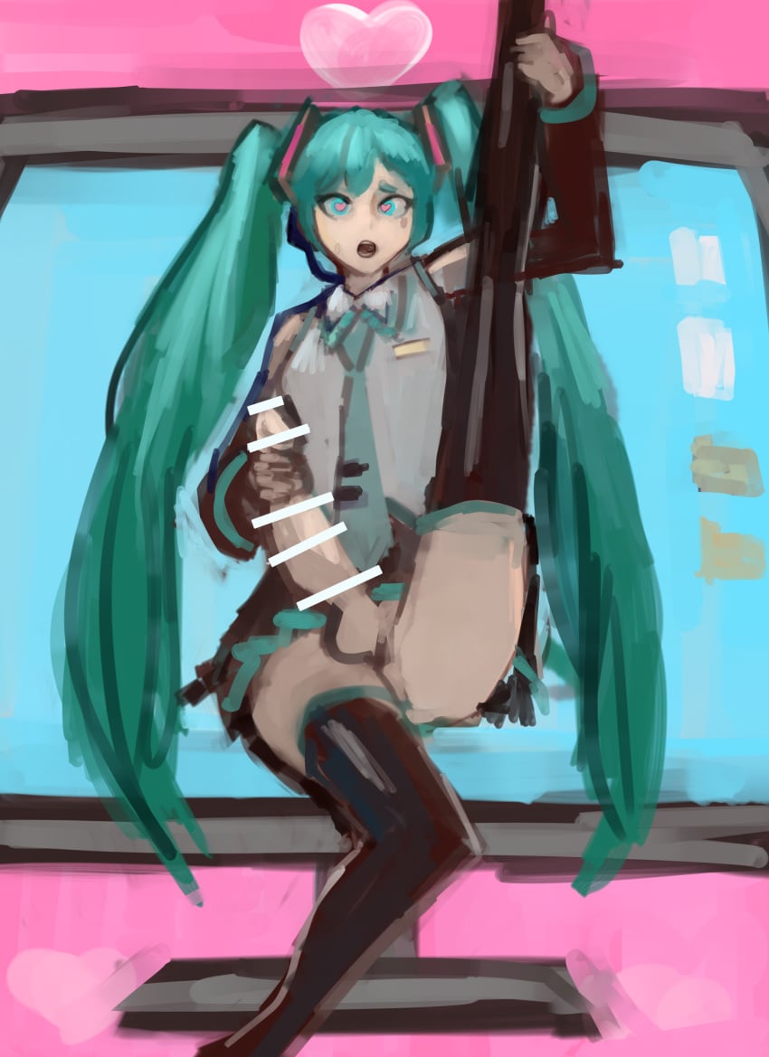 1futa balls big_penis blue_eyes blue_hair censored detached_sleeves futa_only futanari futanari_masturbation hatsune_miku headset heart-shaped_pupils kmaro leg_up long_hair masturbation penis shirt skirt thighhighs twintails vocaloid