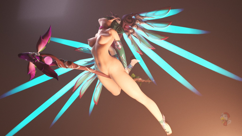 3d blender breasts female legs mercy nipples overwatch pervert_chicken solo sugar_plum_fairy_mercy wings