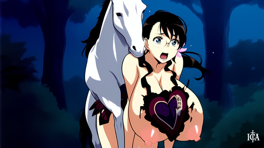 ai_generated apron cattleya crying doggy_style female forest gigantic_breasts highres horse huge_breasts ironcladart queen's_blade rape sex sex_from_behind tagme torn_clothes zoophilia