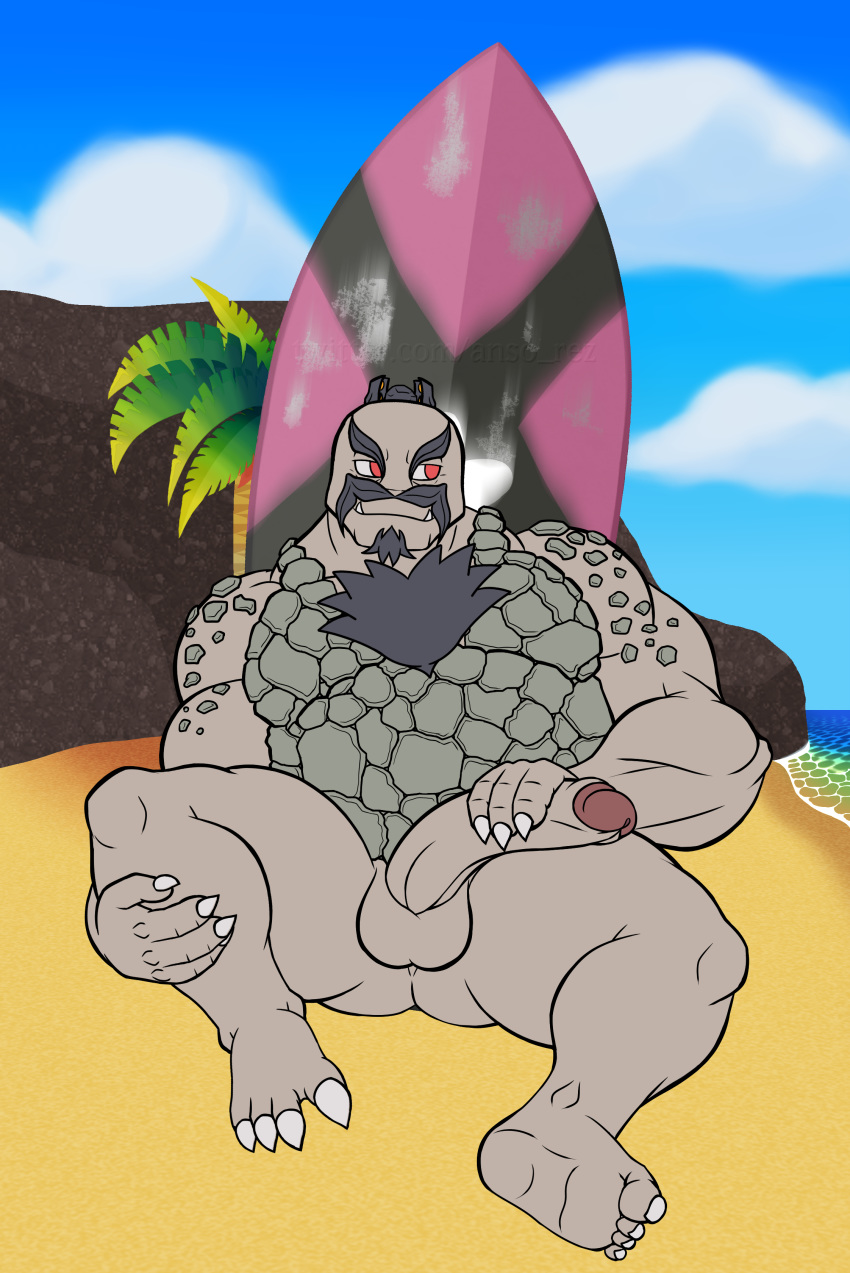 1boy 2019 absurd_res alolan_golem anso/rez anthro anthrofied ass beach biceps big_penis big_testicles body_hair chest_hair chubby claws cloud digital_media_(artwork) eyebrows facial_hair feet goatee golem golem_(pokemon) half-erect hand_on_penis hi_res huge_penis humanoid_penis male male_only mineral_fauna moustache musclegut muscular muscular_male nintendo nude outside palm_tree pecs penis pokémon_(species) pokemon pokemon_sm pokemorph red_eyes rock sea seaside sitting sky smile soles solo spreading surfboard teeth testicles thick_eyebrows thick_thighs toes uncut video_games water