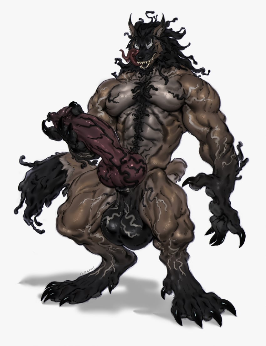 absurd_res balls big_ballssheath big_penis black_nipples canid canine fangs fur genitals grey_body grey_fur hi_res knot licking licking_lips male male_only mammal marvel marvel_comics masturbation max_(punkatak) muscular muscular_male mythological_canine mythological_creature mythology nipples penis saggy_balls shepherdart sitting smegma smile solo teeth tongue venom_(marvel) were werecanid werecanine werewolf