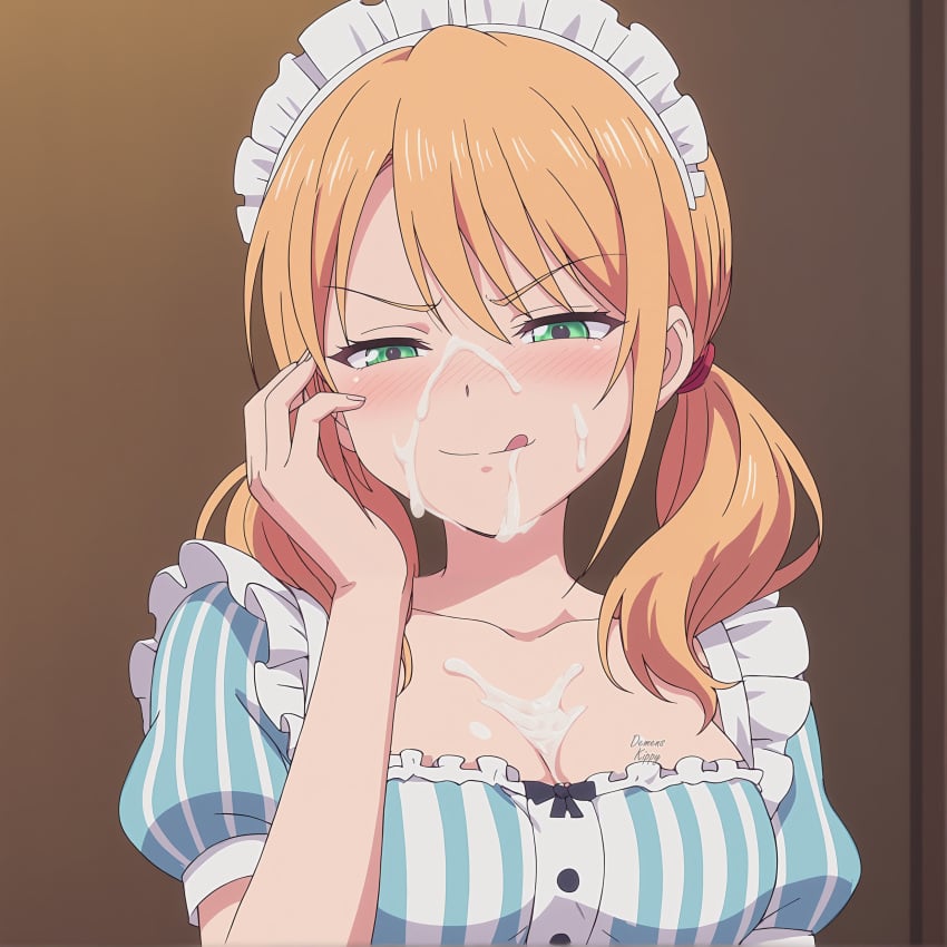 ai_generated blonde_hair blush cum cum_on_breasts cum_on_face demens_kippy facial green_eyes maid megami_no_kafeterasu naughty_face naughty_smile tsukishima_riho twintails