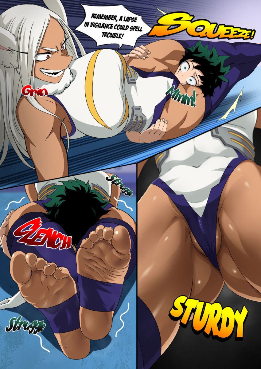 1boy 1girls barefoot big_feet bodysuit boku_no_hero_academia comic_page dark-skinned_female dark_skin deku english_text feet femdom fit_female foot_fetish foot_focus footcroft head_between_thighs headscissor highres izuku_midoriya long_hair long_toes miruko muscular_female my_hero_academia red_eyes rumi_usagiyama soles stirrup_legwear submissive thighs white_hair wrinkled_feet wrinkled_soles