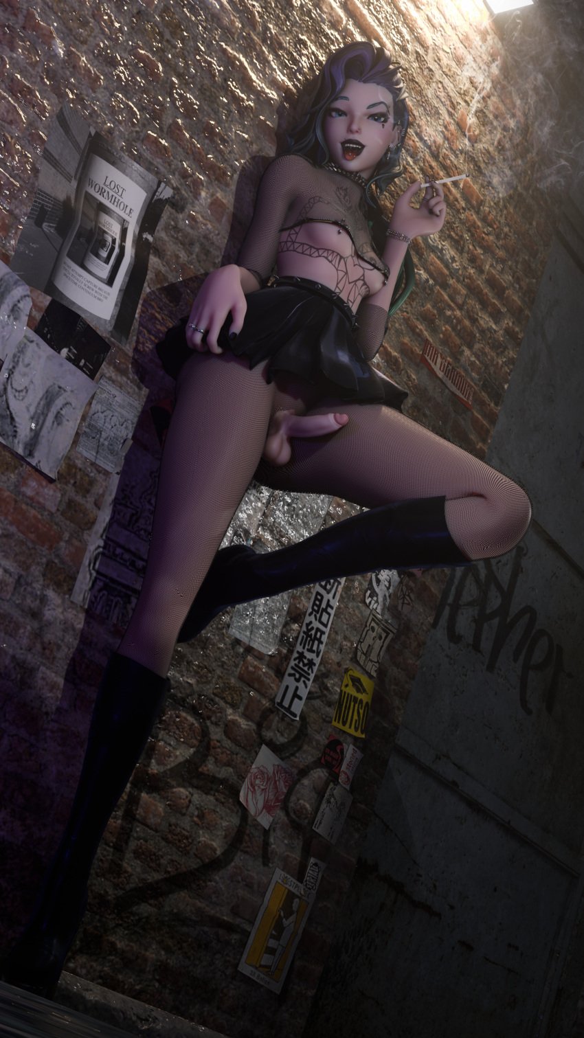 3d black_nails boots cigarette dick futa_only futanari league_of_legends looking_at_viewer otaviox6 piercing pulling_skirt seraphine_(league_of_legends) skirt_lift smoking solo_futa tattoo tongue_out tongue_piercing