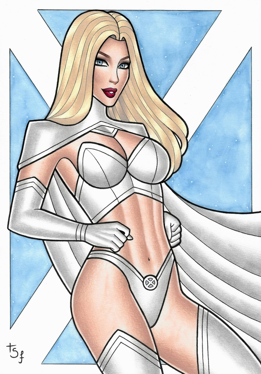 1girls blonde_hair blue_eyes cape clothed emma_frost female female_only lipstick long_hair makeup marvel marvel_comics red_lipstick tsfr02 white_cape white_clothing white_queen x-men