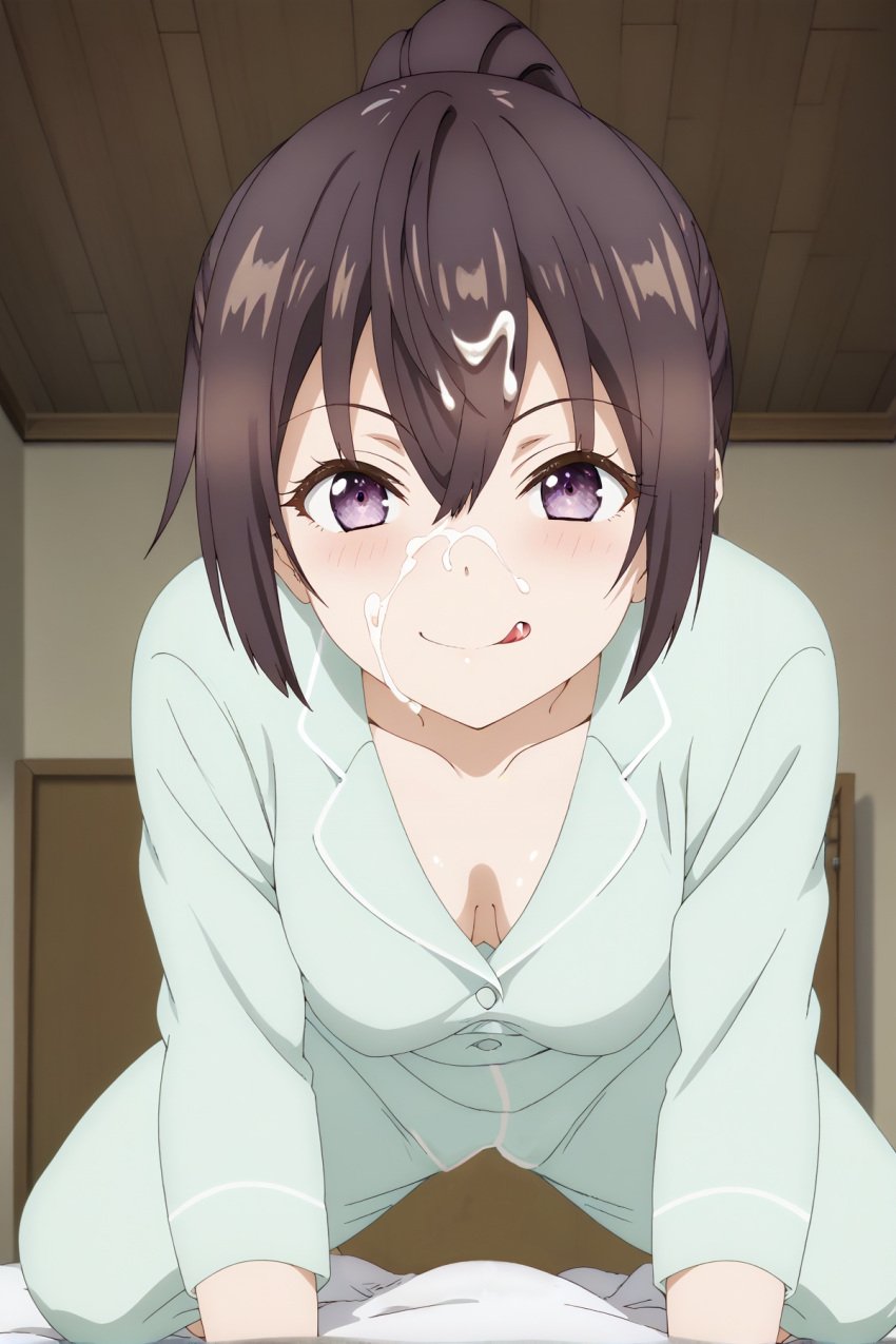 ai_generated big_breasts brother_and_sister brown_hair cowgirl_position cum_on_face incest looking_at_viewer nahito_koketsu naughty_face naughty_smile pajamas ponytail pov purple_eyes suou_yuki tokidoki_bosotto_russian_de_dereru_tonari_no_alya-san