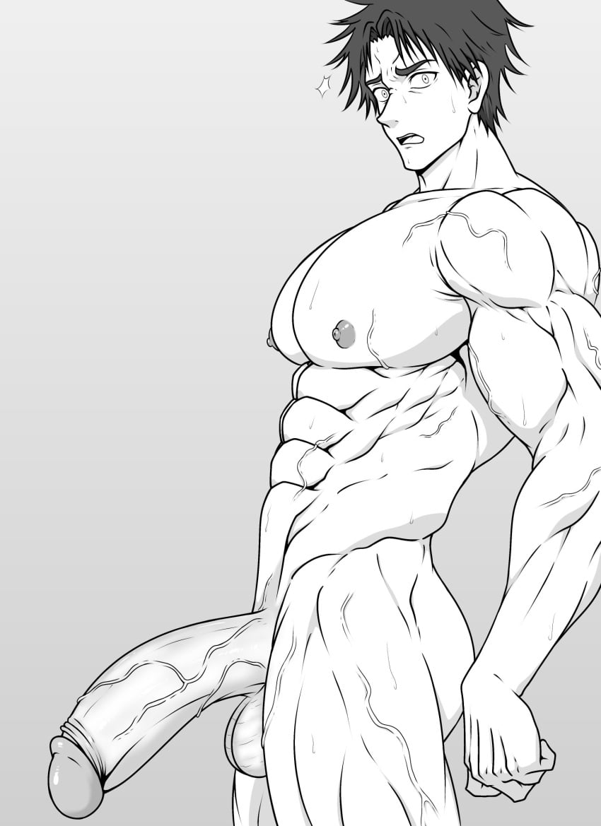 1boy abs ass bara flaccid girthy_penis greyscale highres huge_cock large_pectorals large_penis looking_at_viewer male_focus male_only manly massive_penis mature_male monochrome muscular muscular_male nipples pectorals penis rick_gladiartle rick_gladiatol shinmai_ossan_bokensha shinmai_ossan_boukensha,_saikyou_party_ni_shinu_hodo_kitaerarete_muteki_ni_naru. short_hair simple_background solo solo_male surprised sweat sweatdrop testicles thick_arms thick_eyebrows thick_thighs thighs veins white_moss