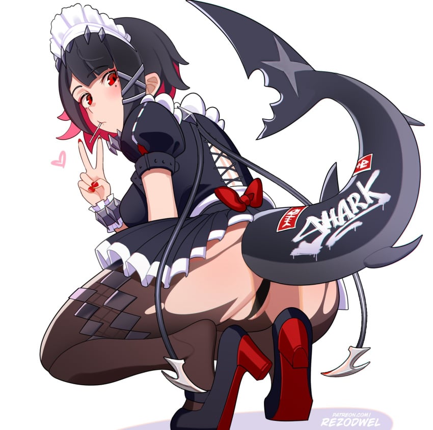 absurdres ass big_ass big_breasts big_thighs black_dress black_hair black_panties black_pantyhose bow breasts butt cowboy_shot dress ellen_joe female highres huge_ass huge_thighs lollipop looking_at_viewer maid maid_headdress mole mole_under_eye panties pantyhose pussy red_bow red_eyes red_fingernails revision rezodwel short_hair solo tagme tail tangni thick_hips thick_thighs thighs torn_clothes torn_clothing underwear zenless_zone_zero