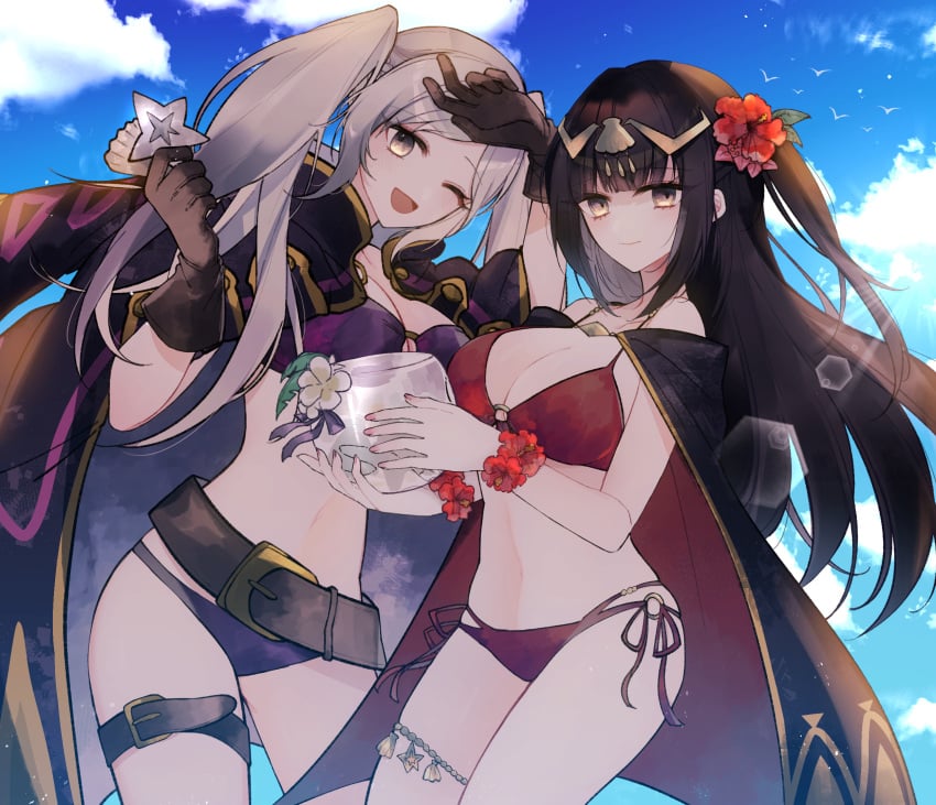 2girls alternate_costume belt bikini black_coat black_hair blue_sky blunt_bangs bracelet breasts brown_eyes brown_gloves cape cleavage cloud cloudy_sky coat cup female female_only fire_emblem fire_emblem_awakening fire_emblem_heroes flower gatona gloves grey_hair hair_flower hair_ornament hibiscus highres holding holding_cup jewelry large_breasts long_hair looking_at_viewer medium_breasts multiple_girls navel nintendo o-ring o-ring_bikini official_alternate_costume one_eye_closed purple_bikini purple_swimsuit red_bikini red_flower red_swimsuit robin_(female)_(fire_emblem) robin_(female)_(summer)_(fire_emblem) robin_(fire_emblem) robin_(fire_emblem)_(female) sky starfish sunlight swimsuit tharja_(fire_emblem) tharja_(summer)_(fire_emblem) thigh_strap tiara twintails