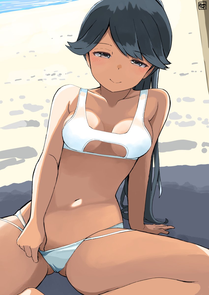 alternate_costume ass_visible_through_thighs bikini bikini_bottom_pull black_hair breasts female grey_eyes hair_flaps highres houshou_(kantai_collection) kantai_collection long_hair sitting small_breasts solo swimsuit toplow white_bikini