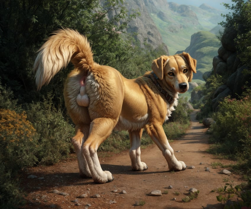 ai_generated amber_eyes anus ass balls bird_dog black_nose blp canid canine canis chest_tuft cliff collar day detailed detailed_background detailed_fur domestic_dog feral floppy_ears flower fluffy forest fur genitals hi_res hill hunting_dog labrador light looking_at_viewer looking_back looking_back_at_viewer male mammal mouth_closed multicolored_body multicolored_fur outside path perineum pink_anus plant presenting presenting_hindquarters quadruped raised_tail retriever rock shrub solo solo_focus standing sunlight tan_body tan_fur tree tuft whiskers white_balls white_body white_fur white_perineum wide_hips