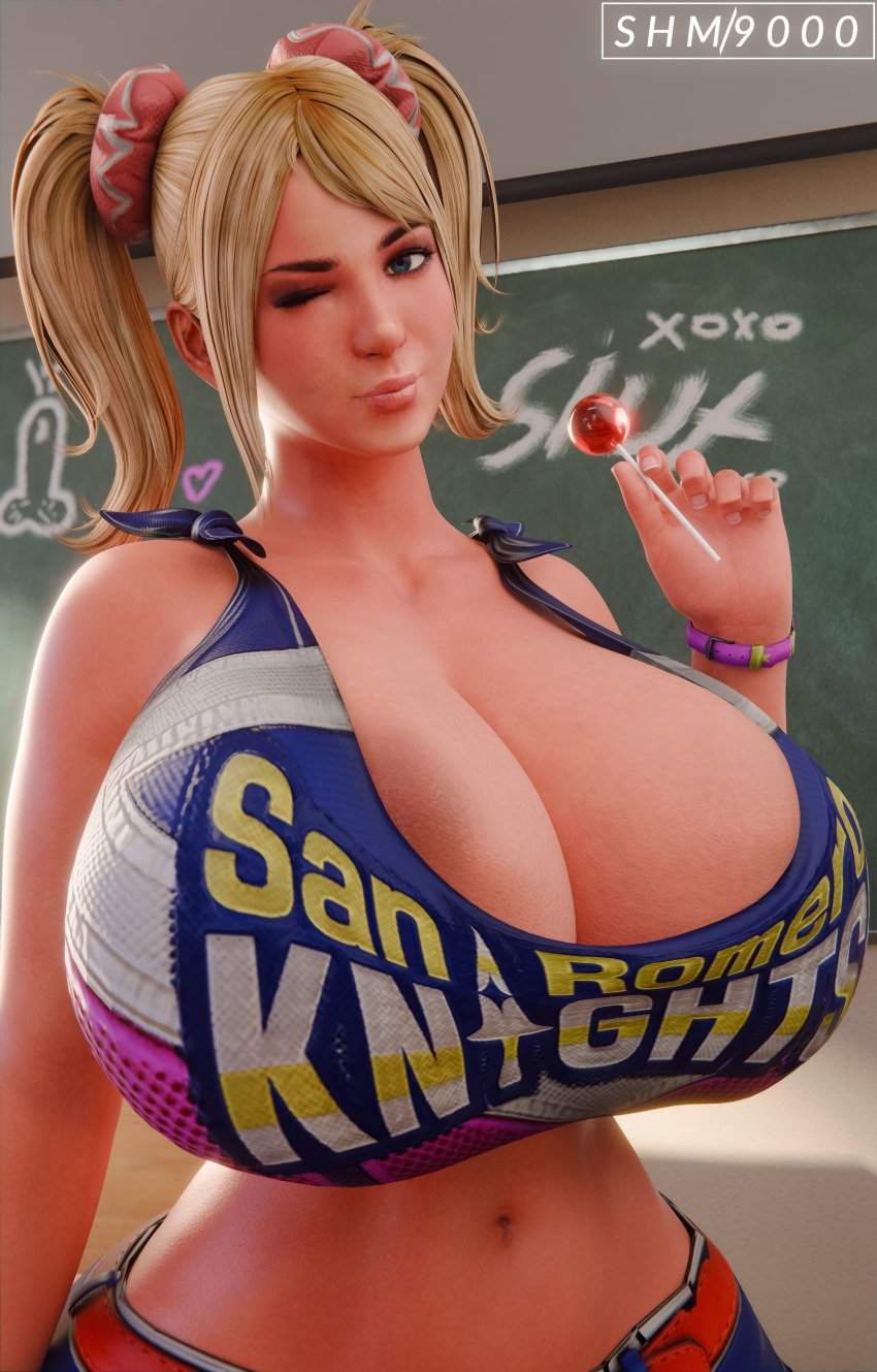 1girls 3d absurd_res breasts cheerleader cheerleader_uniform female female_only hi_res juliet_starling large_breasts lollipop_chainsaw looking_at_viewer solo superhentaimaster9000