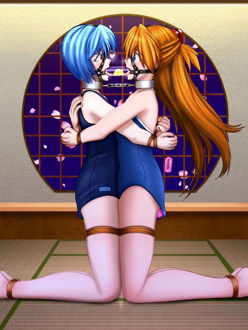 2girls asuka_langley_sohryu bondage bondage bound bound_ankles bound_together bound_wrists chains drool dropping_object facing_each_other harness_gag lemon metal_collar neon_genesis_evangelion parallel rei_ayanami rope_bondage school_swimsuit tube tube_gag vibrator