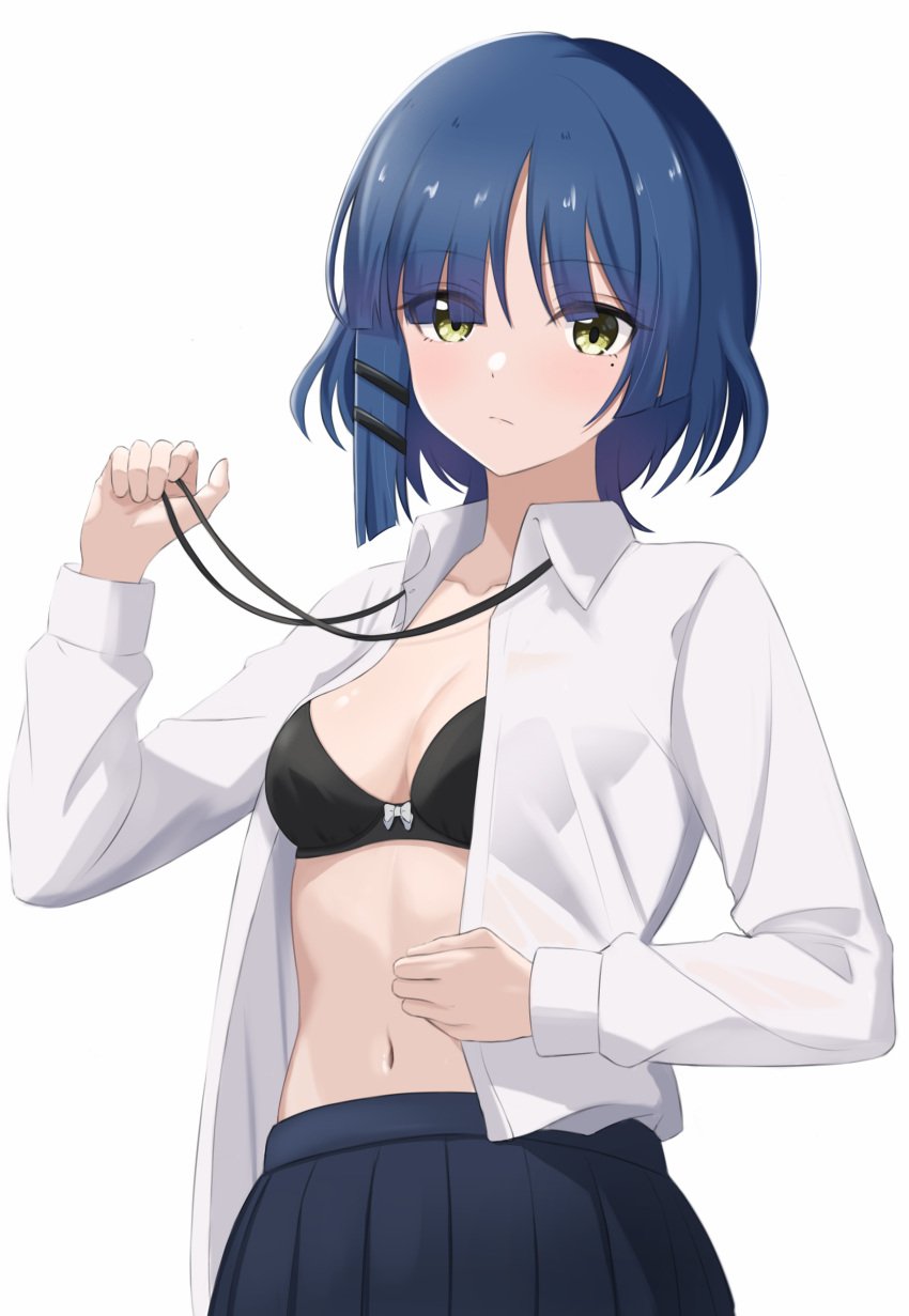 1girls absurd_res absurdres bare_belly bare_chest bare_hands bare_navel bare_shoulders bare_skin belly belly_button black_bra black_skirt black_underwear blue_eyebrows blue_hair blue_hair_female bocchi_the_rock! bra breasts cleavage collarbone dot_nose elbows eyebrows_visible_through_hair female female_focus female_only fingers green_eyes green_eyes_female hairpin half_naked high_resolution high_school_student highres light-skinned_female light_skin looking_at_viewer makise_(mix020511) medium_breasts medium_hair mole mole_under_eye naked naked_female navel nude nude_female open_clothes open_clothing open_shirt school_girl shirt short_hair shoulders simple_background skirt slender_body slender_waist slim_girl slim_waist solo standing teen_girl teenage_girl teenage_girls teenager thin_waist unbuttoned unbuttoned_shirt underboob underwear upper_body white_background white_shirt yamada_ryou