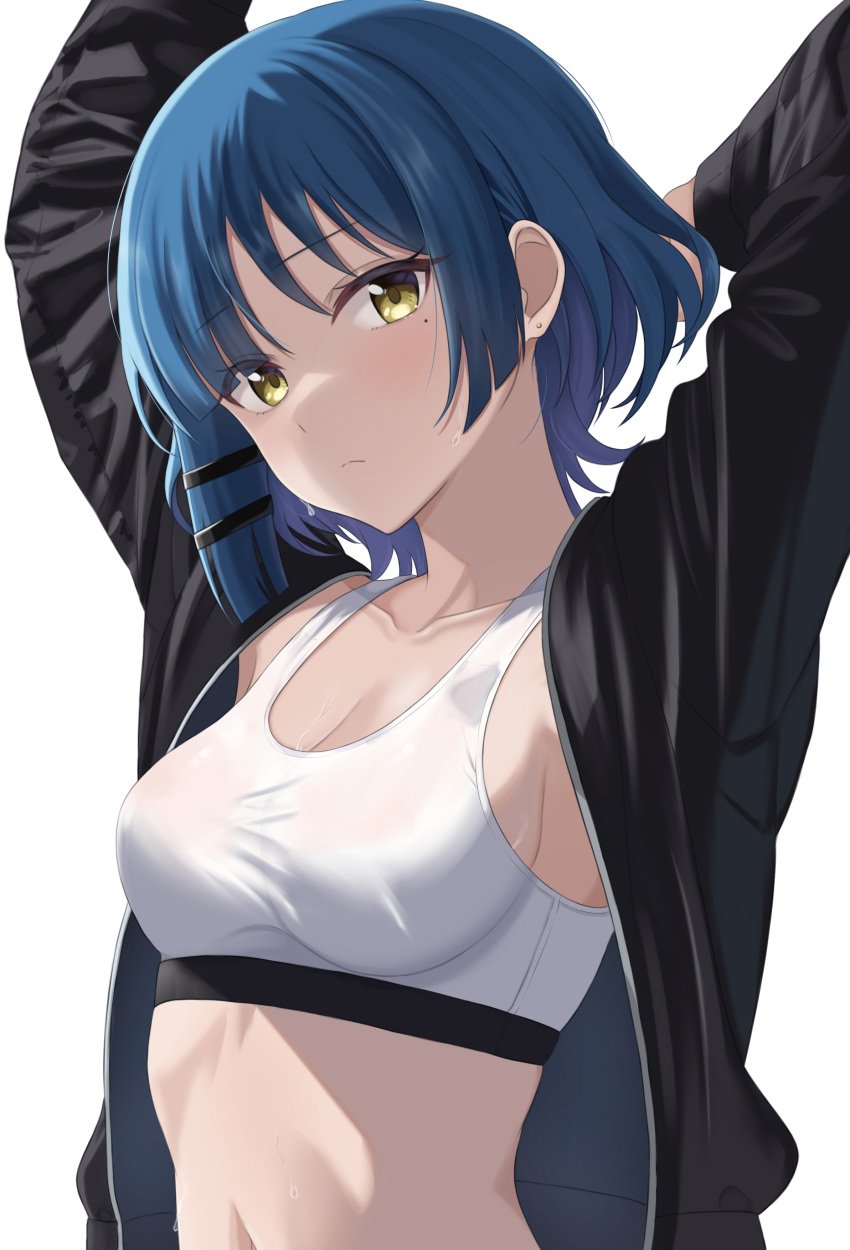 1girls absurd_res absurdres areola_bulge armpits arms_above_head arms_up bare_belly bare_midriff bare_navel bare_skin belly belly_button black_jacket blue_eyebrows blue_hair blue_hair_female blush blushing_at_viewer blushing_female bocchi_the_rock! breasts cleavage collarbone dot_nose embarrassed embarrassed_female eyebrows_visible_through_hair female female_focus female_only green_eyes green_eyes_female hairpin half_naked hands_above_head hands_up head_tilt high_resolution high_school_student highres jacket light-skinned_female light_skin looking_at_viewer makise_(mix020511) medium_breasts mole mole_under_eye navel nipple_bulge school_girl short_hair sideboob simple_background slender_body slender_waist slim_girl slim_waist solo sports_bra standing teen_girl teenage_girl teenage_girls teenager thin_waist tilted_head topwear underboob upper_body white_background white_sports_bra white_topwear yamada_ryou