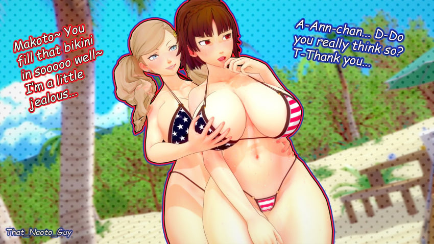 2girls 3d american_flag_bikini ann_takamaki atlus beach big_breasts embarrassed groping groping_breasts groping_from_behind makoto_niijima persona persona_5 that_naoto_guy thick_thighs yuri