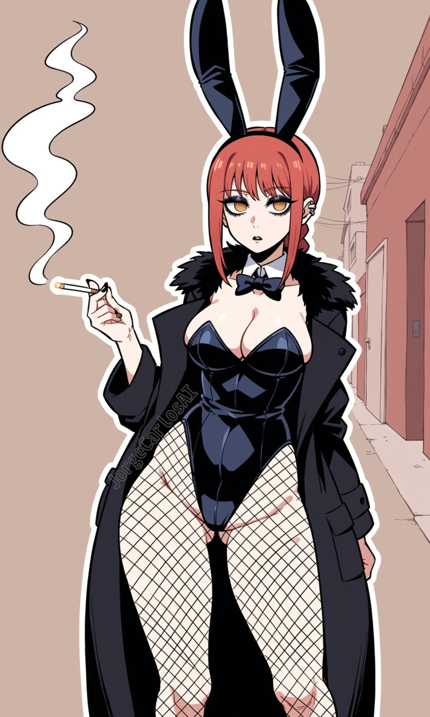 @_@ ai_generated big_breasts black_bow black_coat black_leotard bow braid breasts bunny bunny_costume bunny_ears bunny_girl bunnygirl bunnysuit chainsaw_man cigarette cleavage coat collar collared fishnet_legwear fishnet_pantyhose fishnets fur_coat goth goth_girl goth_slut gothic gothified holding_cigarette holding_object jorgecarlosai leotard long_coat long_hair makima_(chainsaw_man) orange_eyes red_hair simple_background smoke smoking spiral_eyes watermark