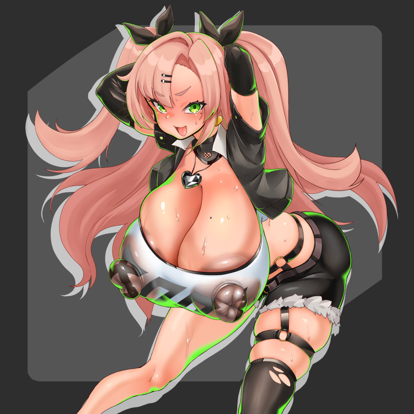 1girls arms_behind_head big_breasts big_nipples boob_window breasts cleavage erect_nipples green_eyes long_hair looking_at_viewer nipple_bulge nipples nipples_visible_through_clothing no_bra pink_hair thighhighs thighs zabutonnexactly zenless_zone_zero