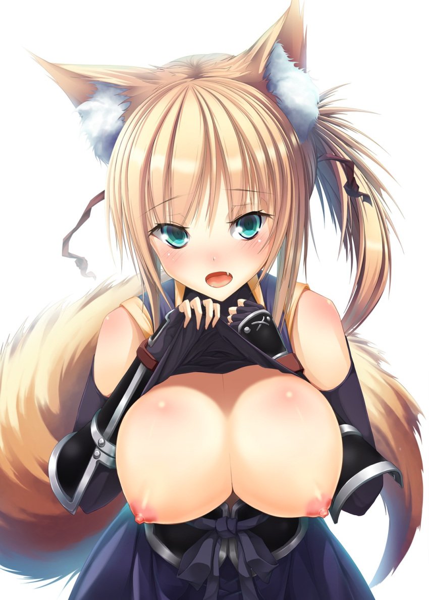 animal_ears big_breasts blonde_hair blue_eyes breasts cute_fang dog_days erect_nipples fox fox_girl kitsune nipples no_bra open_mouth pink_nipples re:n_ne shirt_lift smile tail yukikaze_panettone