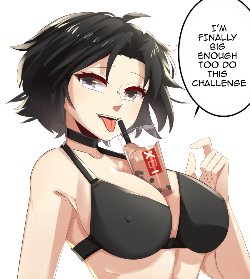 1girls bikini bubble_tea_challenge drink english_text female female_only graapee human ruby_rose rwby silver_eyes solo tea text