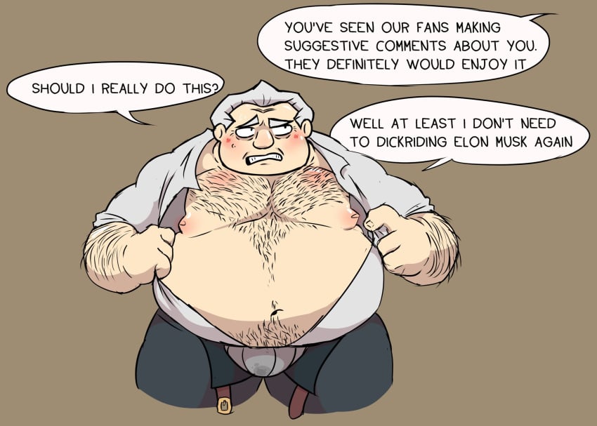 arm_hair blush blushing_profusely chest_hair chubby chubby_male dirty_underwear english english_dialogue english_text gay male male_focus male_only norm_(the_new_norm) obese obese_male old_man short_hair text text_bubble the_new_norm_(web_cartoon) ultra_mega_woke unbuckled_belt unbuttoned_shirt underwear undressing unwilling white_hair woke
