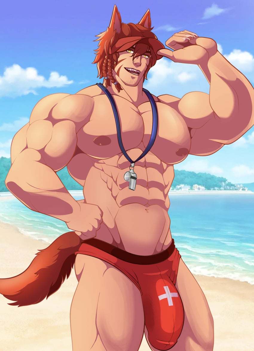 abs ass bara bara_tiddies bara_tits barazoku biceps big_muscles big_pecs bulge busty character_request coach final_fantasy_xiv large_pectorals lifeguard male male_focus male_only manboobs moobs muscles muscular_male pecs six_pack speedo tail thick_thighs whistle whistle_(object) whistle_around_neck