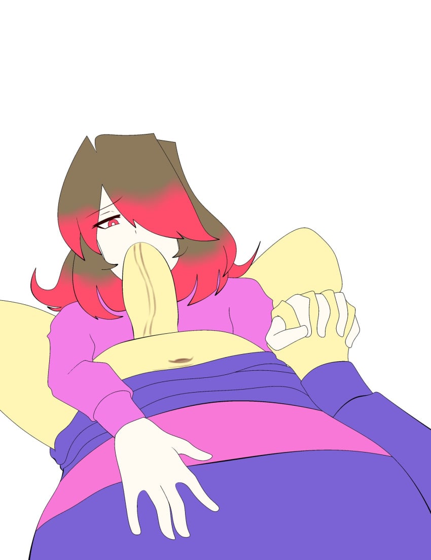 alternate_universe bete_noire betty_noire big_penis blue_sweater brown_hair frisk glitchtale holding_hands long_hair no_pants penis pink_hair pink_sweater red_eyes red_hair sucking_penis undertale undertale_au wearing_clothes white_background yazu_(artist) yazuel_aliel