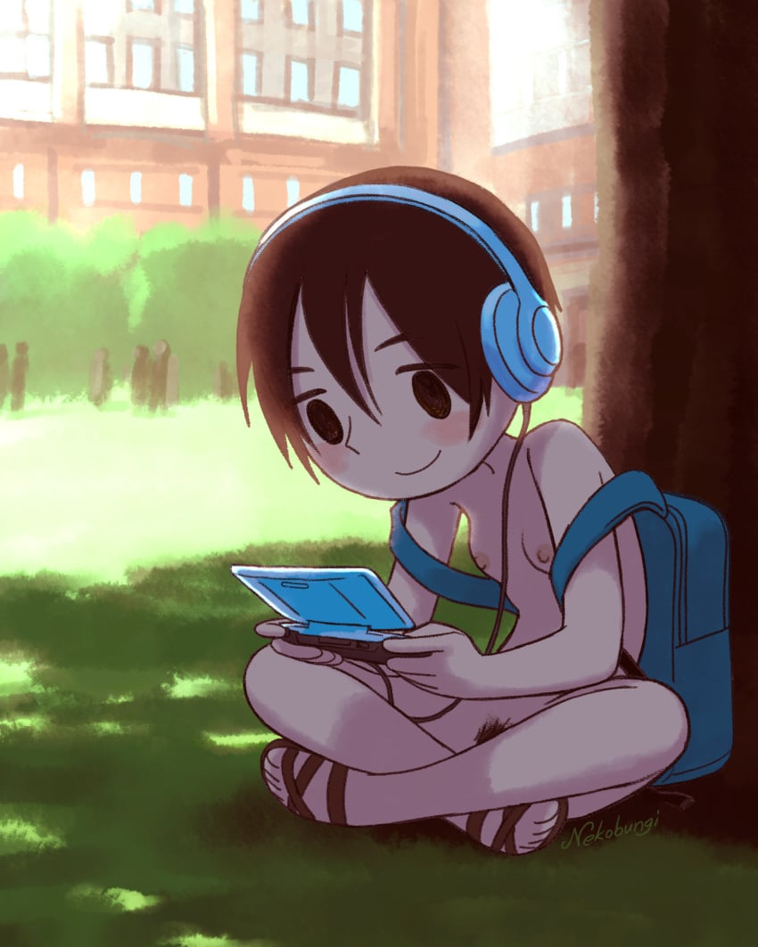 1girls backpack blush breasts casual_nudity crossed_legs female headphones nekobungi nipples nude outdoors playing_videogame pubic_hair pussy shade sitting solo sunlight tagme tree