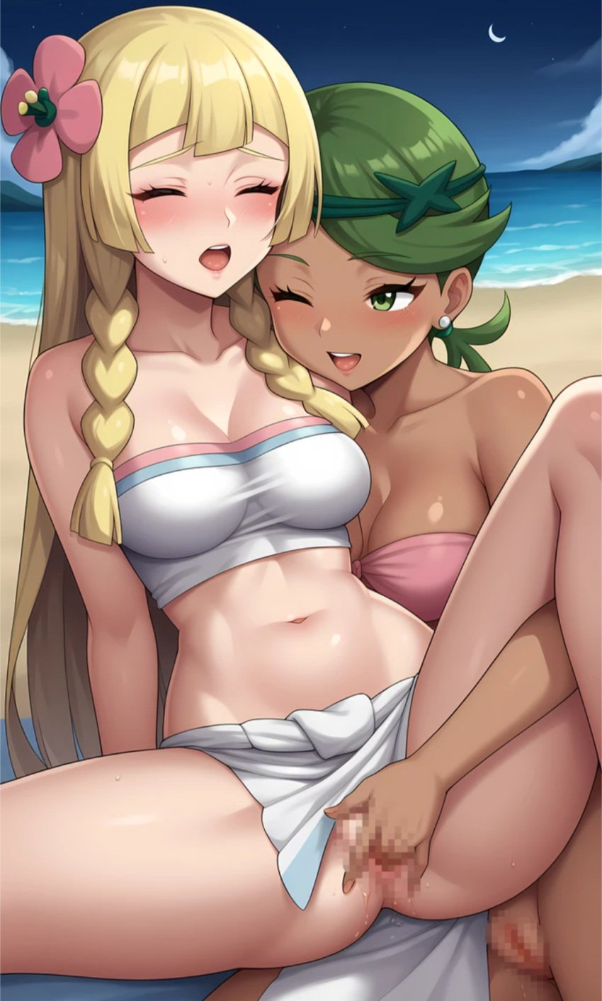 2girls aged_up ai_generated beach blonde_hair blush cleavage closed_eyes female female_only fingering fingering_from_behind green_eyes green_hair human large_breasts lillie_(pokemon) mallow_(pokemon) multiple_girls one_eye_closed open_mouth outdoors pokemon pussy_juice pussy_out vaginal_penetration yuri