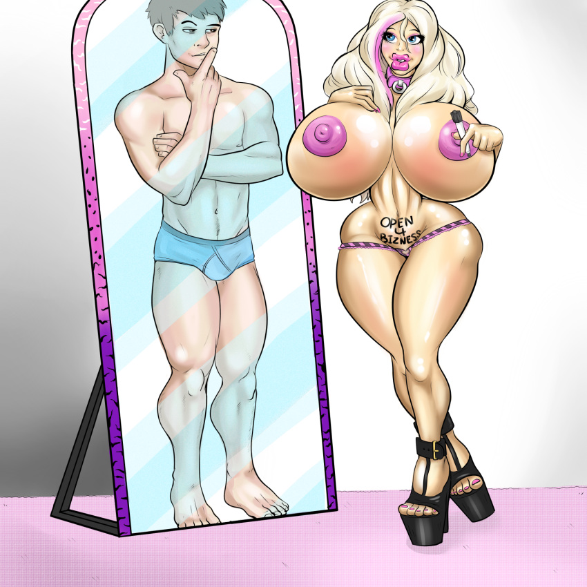 bimbofication blonde_hair blue_eyes body_writing breasts collar femsub gender_transformation happy_trance high_heels hyper_breasts large_breasts large_lips mirror mtf_transformation multicolored_hair pink_hair sketch text topless traditional transformation