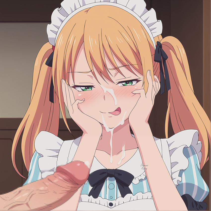 ai_generated blonde_hair blush censored cum cum_on_face demens_kippy facial green_eyes maid megami_no_kafeterasu naughty_face naughty_smile tsukishima_riho twintails